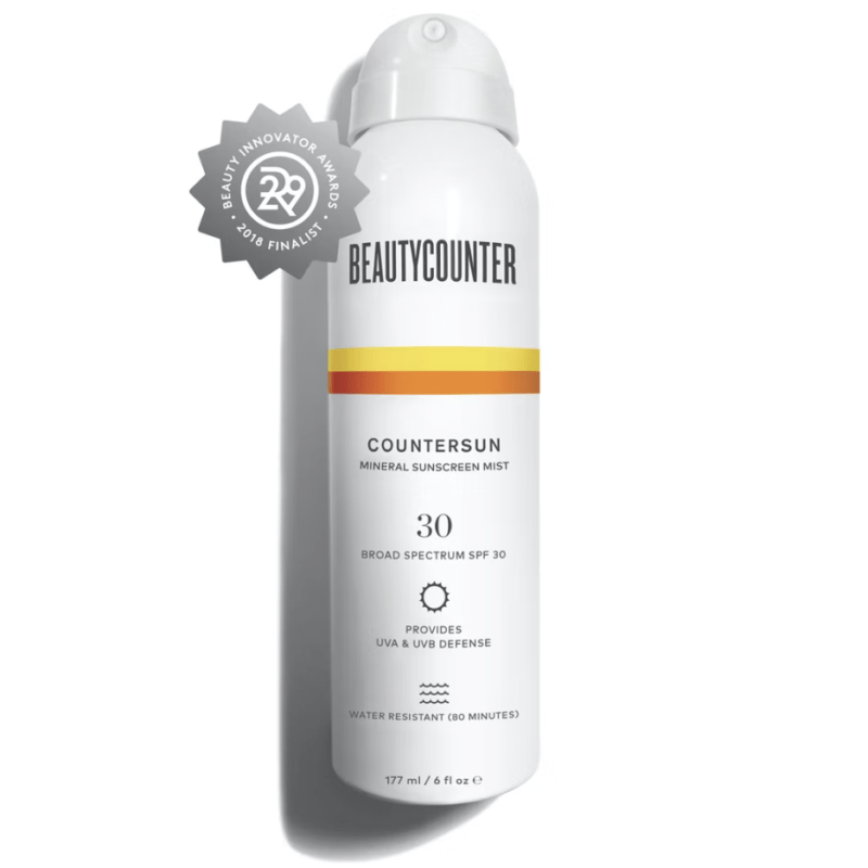 Bottle of Beautycounter mineral sunscreen mist for body