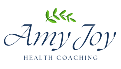 Amy Joy Health Coaching logo with green leaves on the top