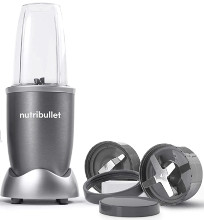 Nutribullet Magic Blender in dark grey finish with two extra blade componenets on the right side